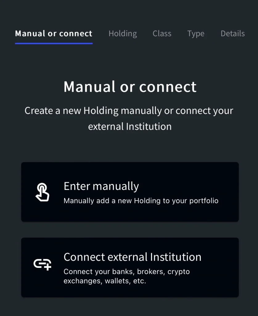 Exirio: add Holdings manually or connect your account