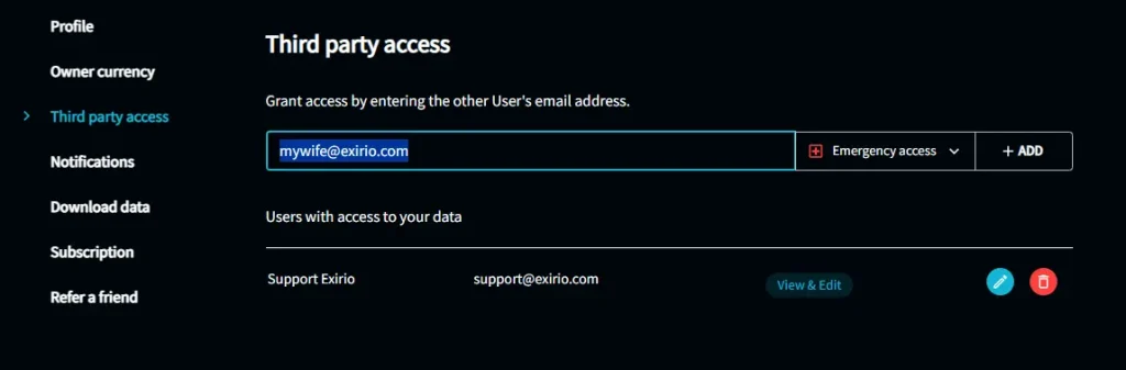 Exirio: Settings page