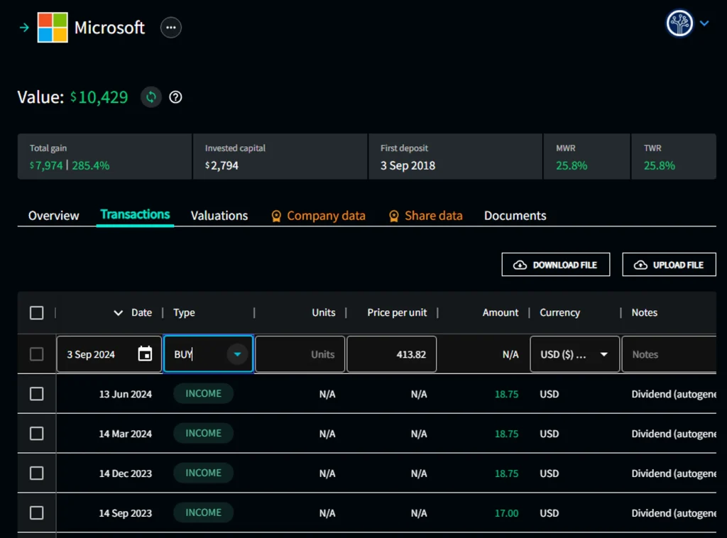 Exirio: Transactions tab